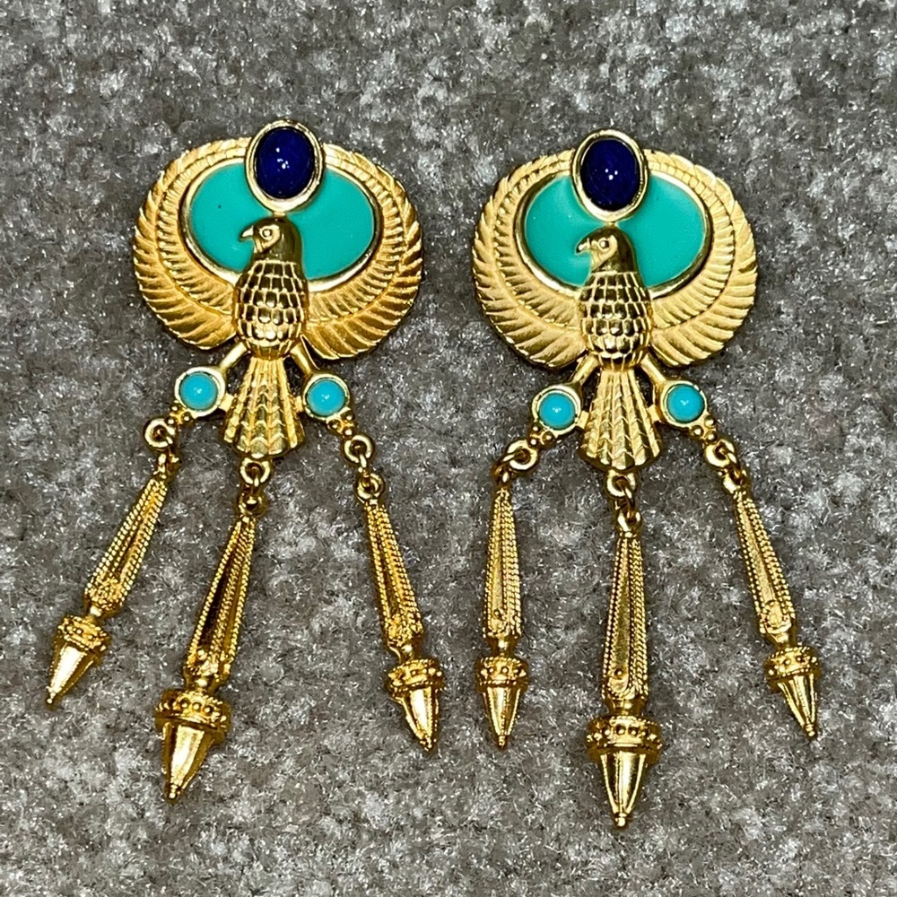 RARE Elizabeth Taylor Vintage Avon Egyptian Revival Phoenix Clip Dangle Earrings